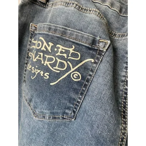 ED HARDY HIGH RISE WIDE LEG EAGLE EMBROIDERED JEANS SZ 34